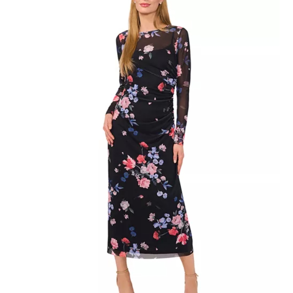 Ted Baker Black Printed Mesh Midi Dress Msrp $275